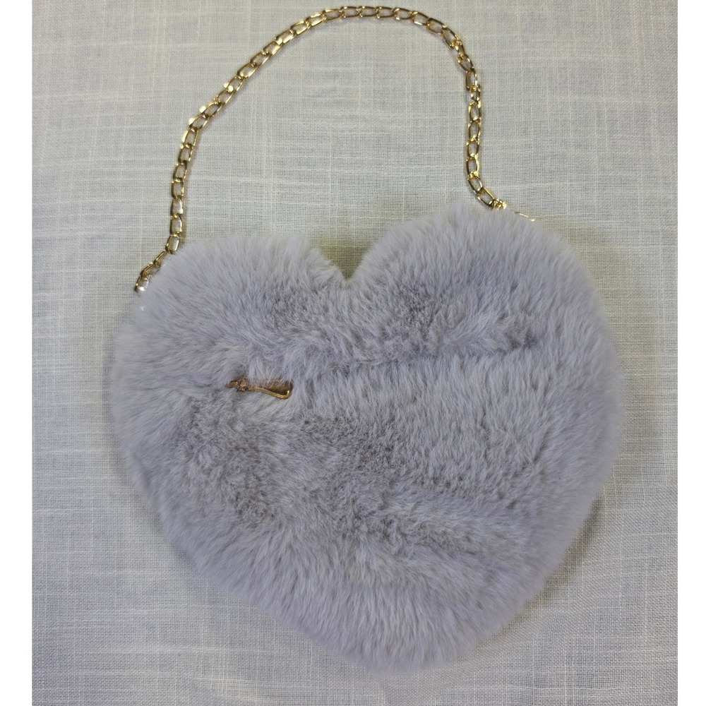 Grey Faux Fur Heart Shaped Crossbody Bag Gold Chain Strap Y2K Coquette Aesthetic - Picture 5 of 6